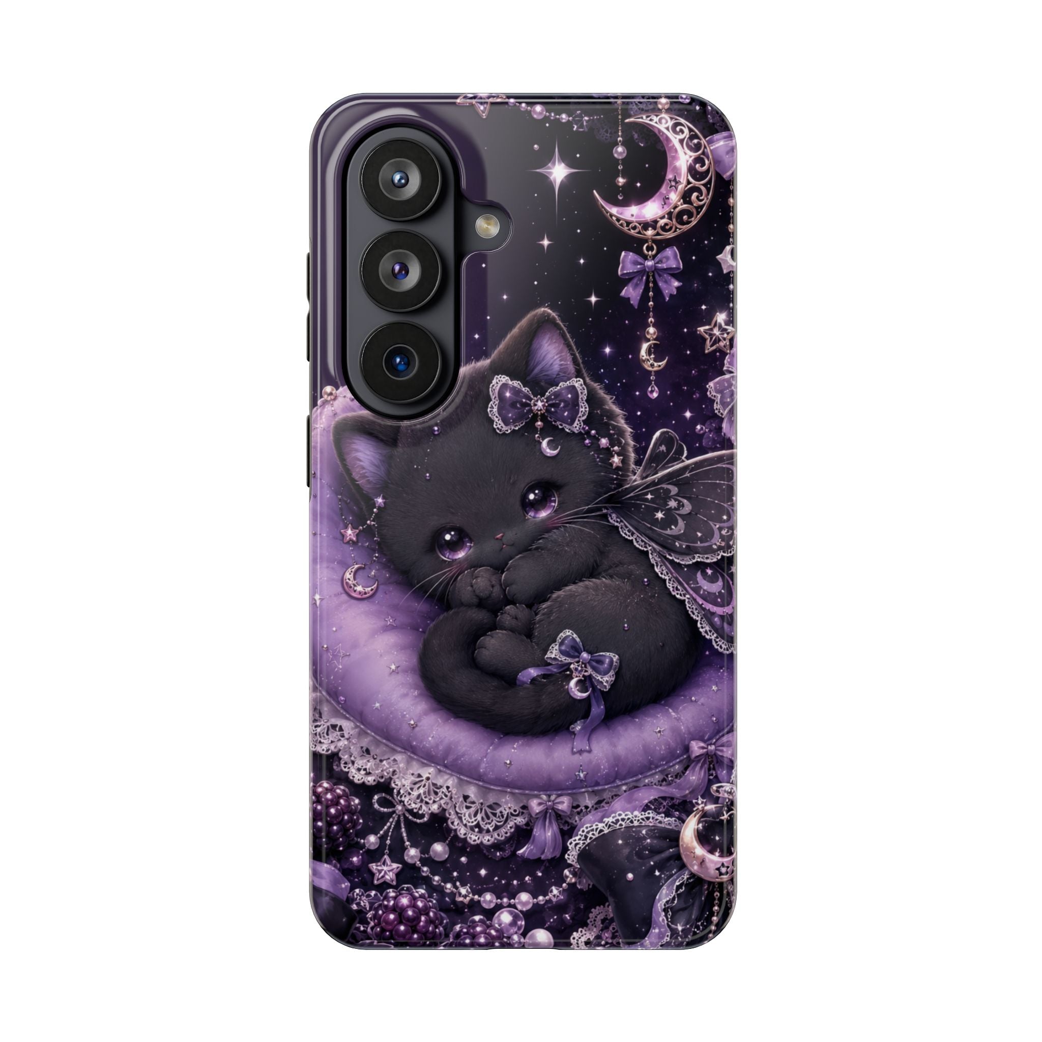 Cute Black Kitty Moon Tough Phone Case — Purple Fantasy Cat Protective Cover