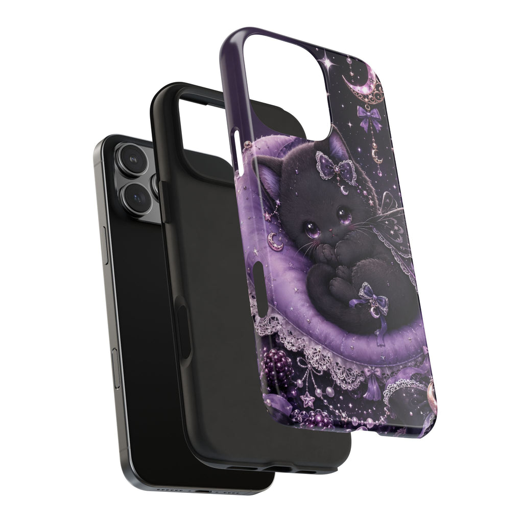 Cute Black Kitty Moon Tough Phone Case — Purple Fantasy Cat Protective Cover