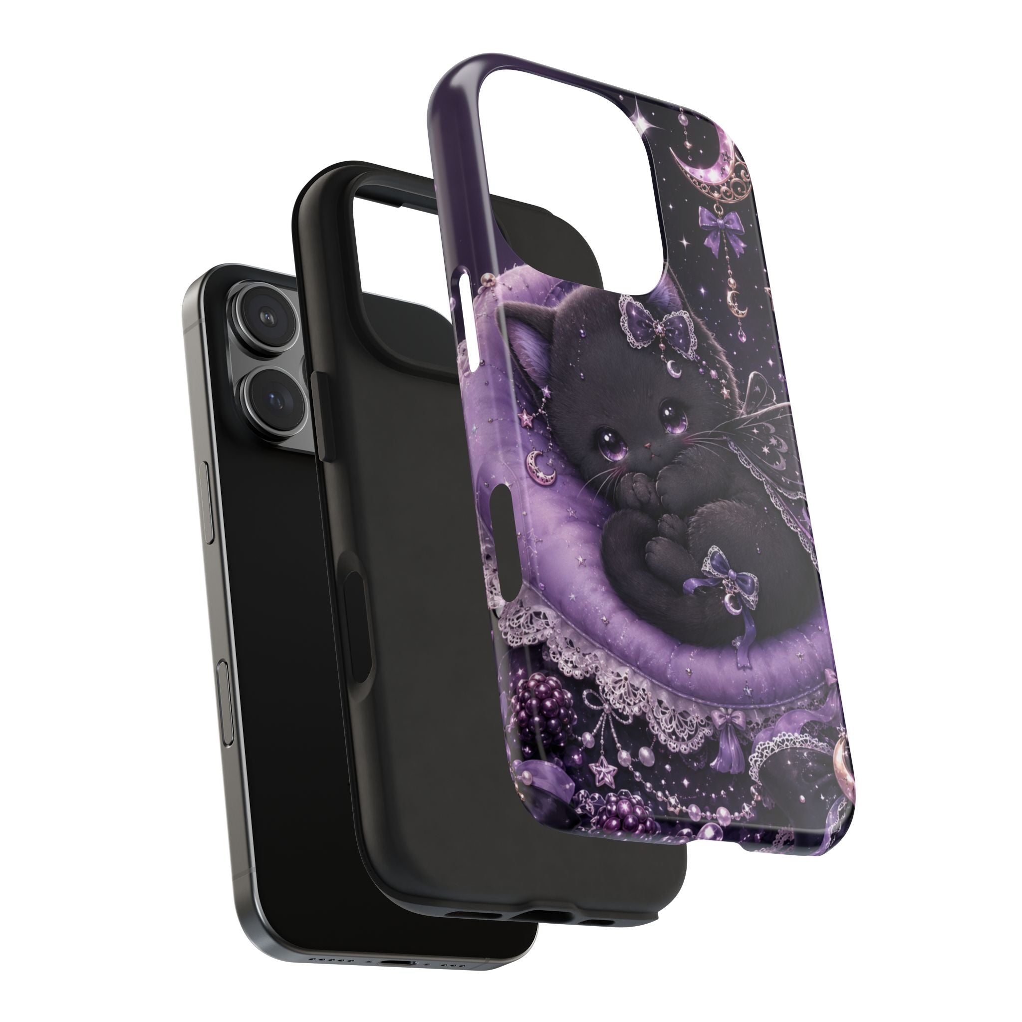 Cute Black Kitty Moon Tough Phone Case — Purple Fantasy Cat Protective Cover