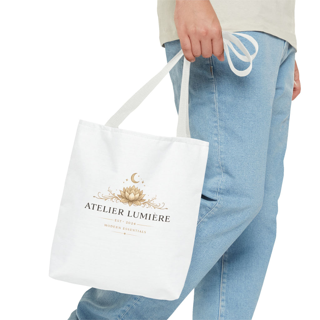 Atelier Lumière lotus logo Tote Bag | boho celestial moon design