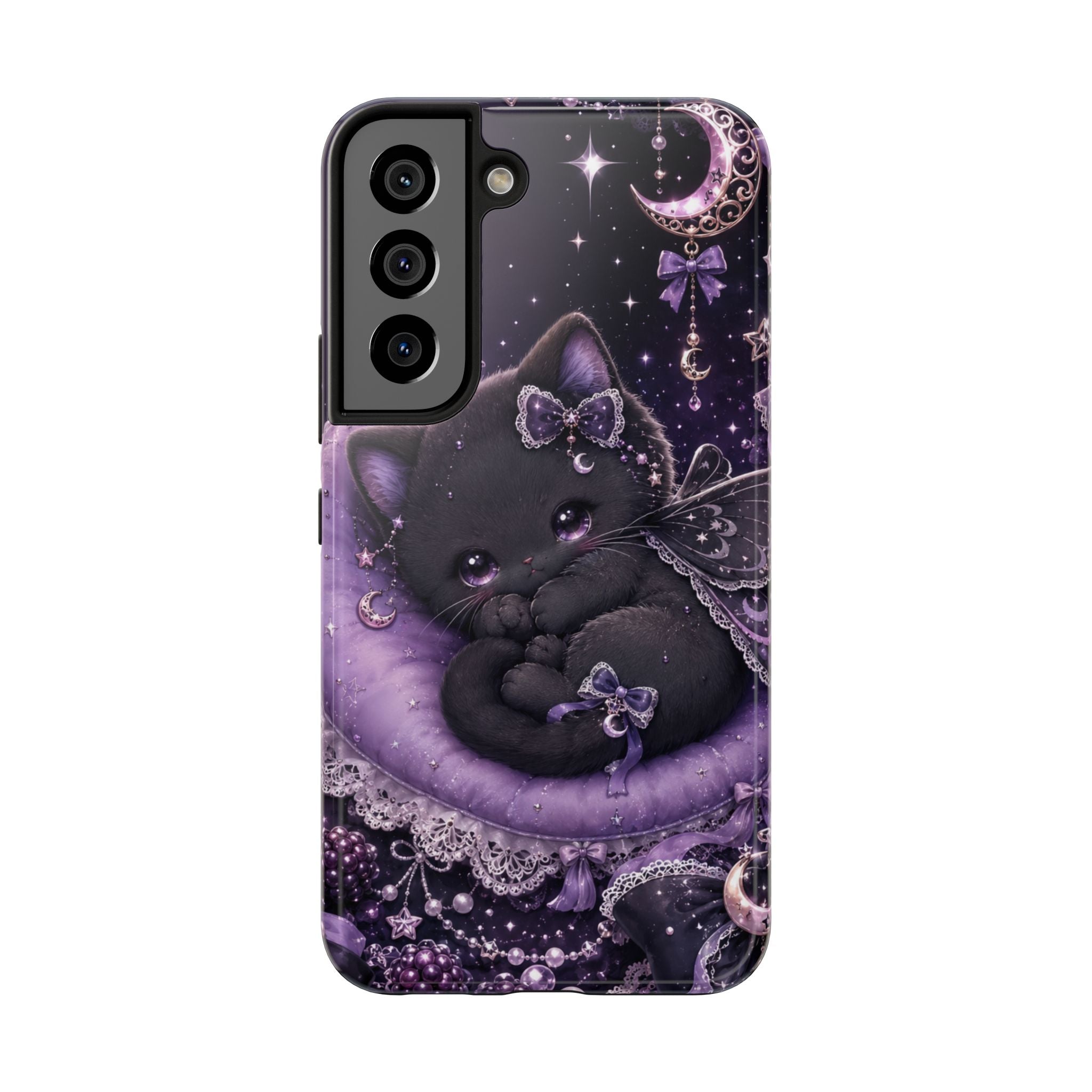 Cute Black Kitty Moon Tough Phone Case — Purple Fantasy Cat Protective Cover