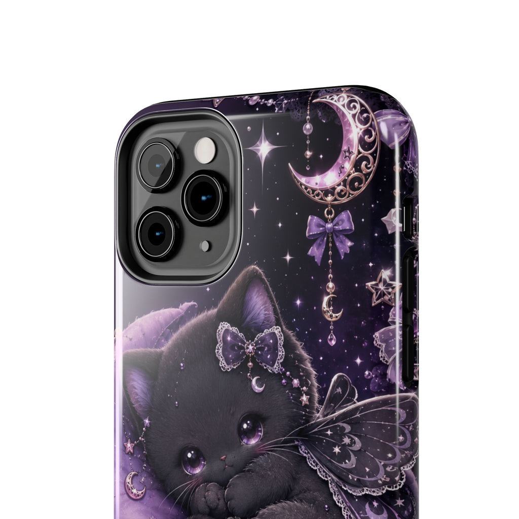 Cute Black Kitty Moon Tough Phone Case — Purple Fantasy Cat Protective Cover
