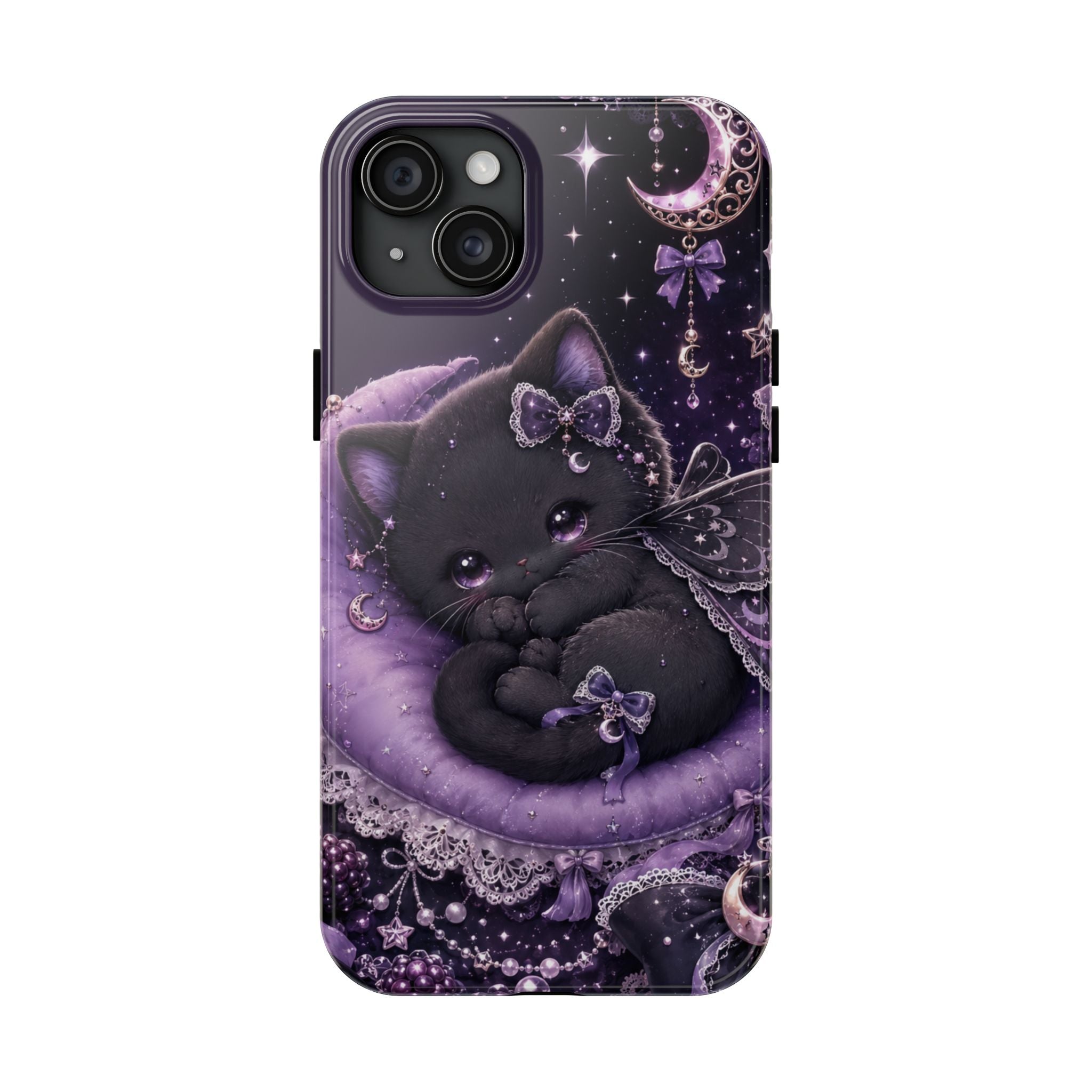 Cute Black Kitty Moon Tough Phone Case — Purple Fantasy Cat Protective Cover