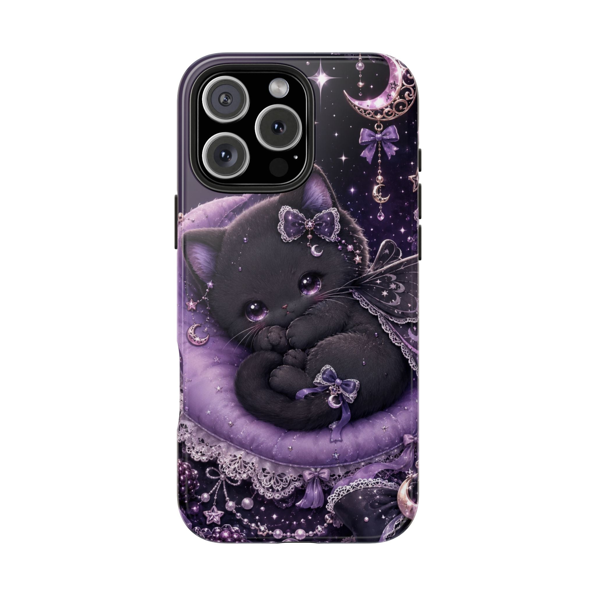 Cute Black Kitty Moon Tough Phone Case — Purple Fantasy Cat Protective Cover