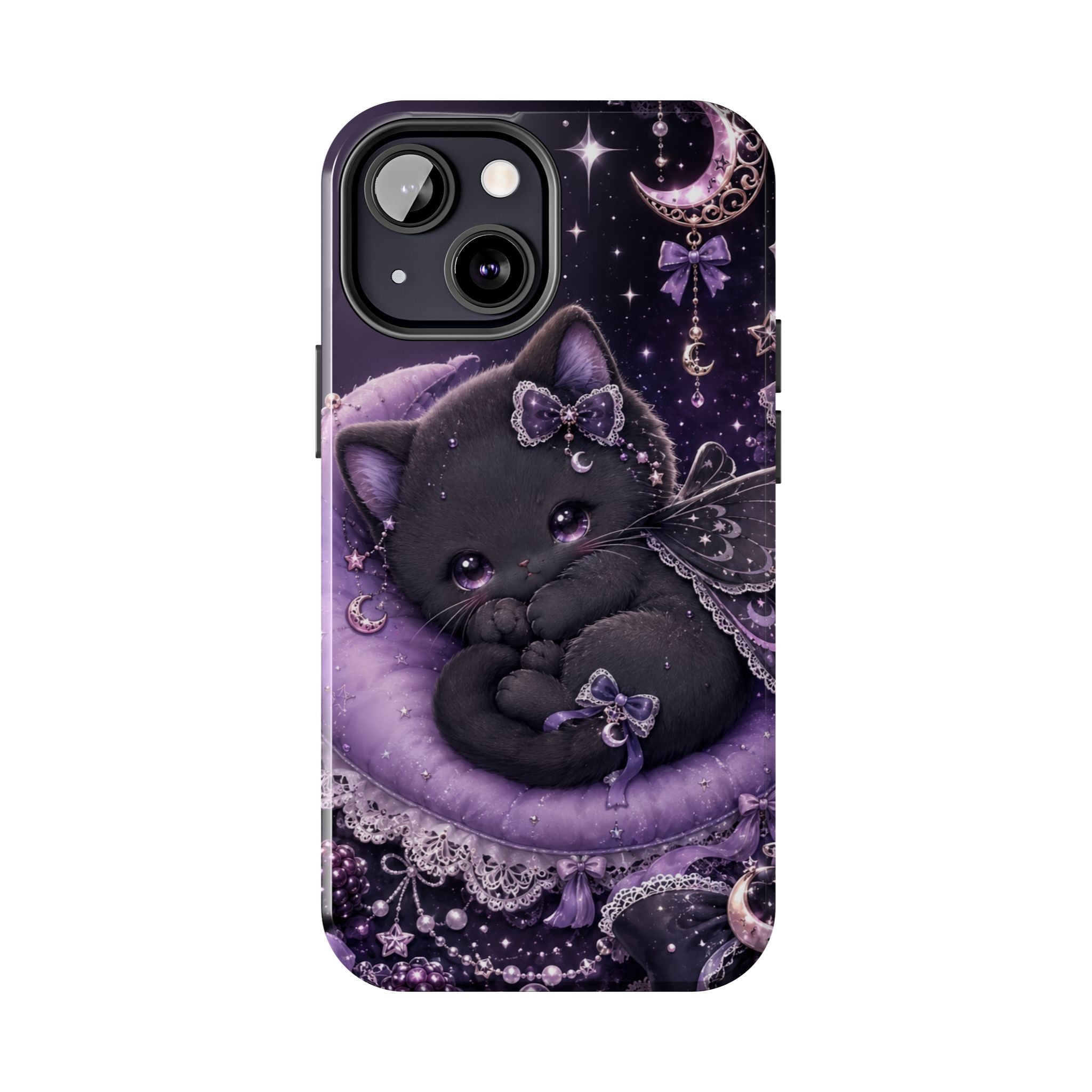 Cute Black Kitty Moon Tough Phone Case — Purple Fantasy Cat Protective Cover