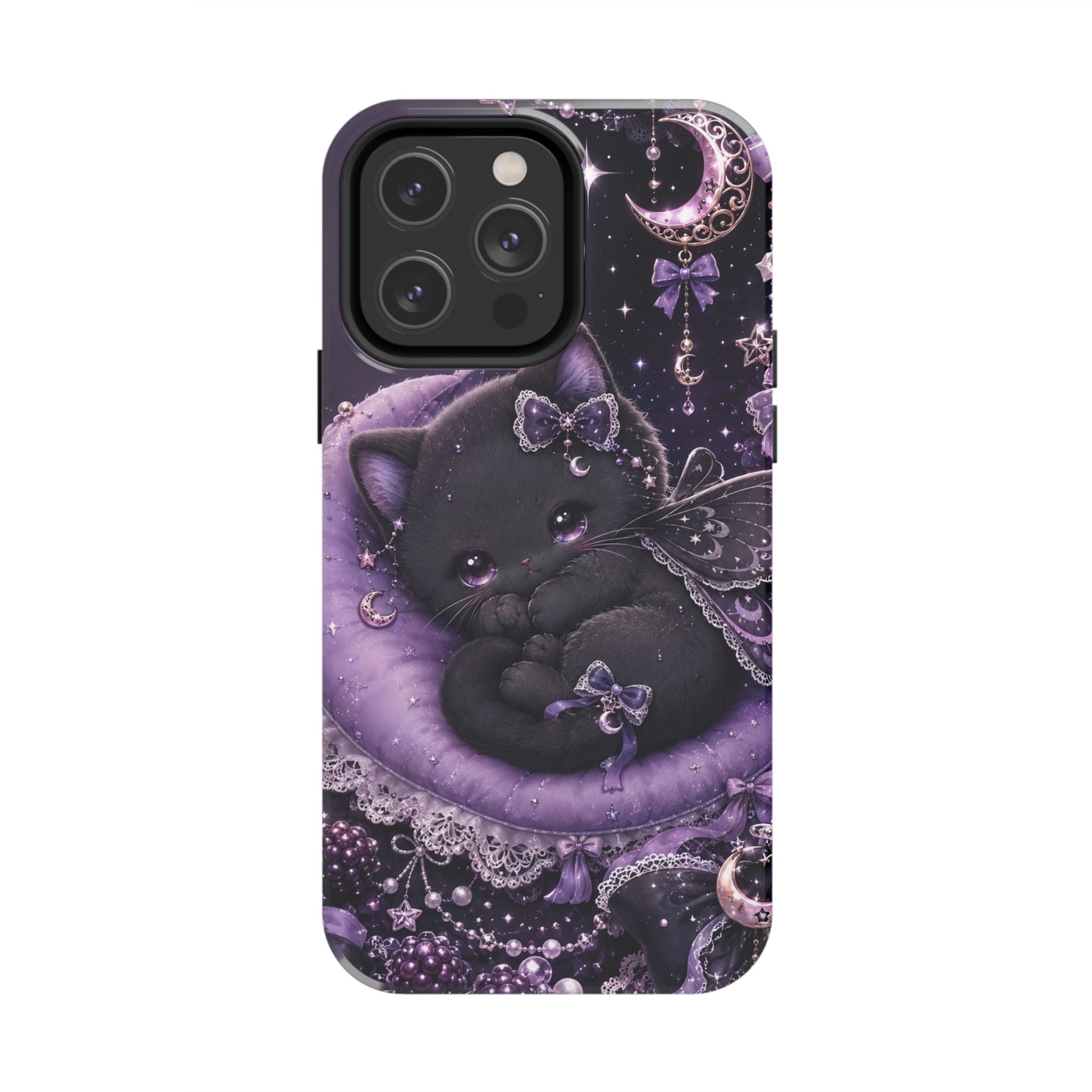 Cute Black Kitty Moon Tough Phone Case — Purple Fantasy Cat Protective Cover