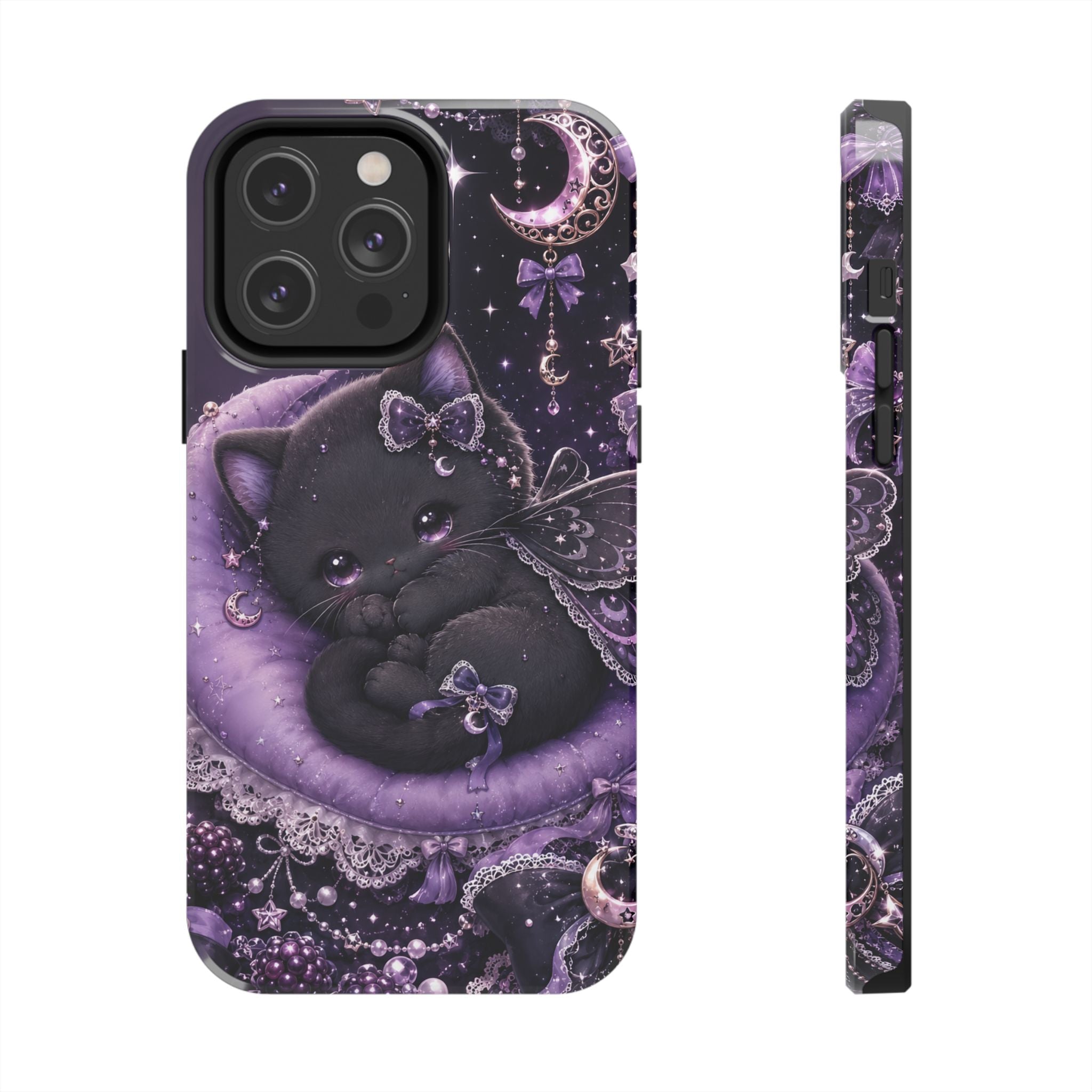 Cute Black Kitty Moon Tough Phone Case — Purple Fantasy Cat Protective Cover