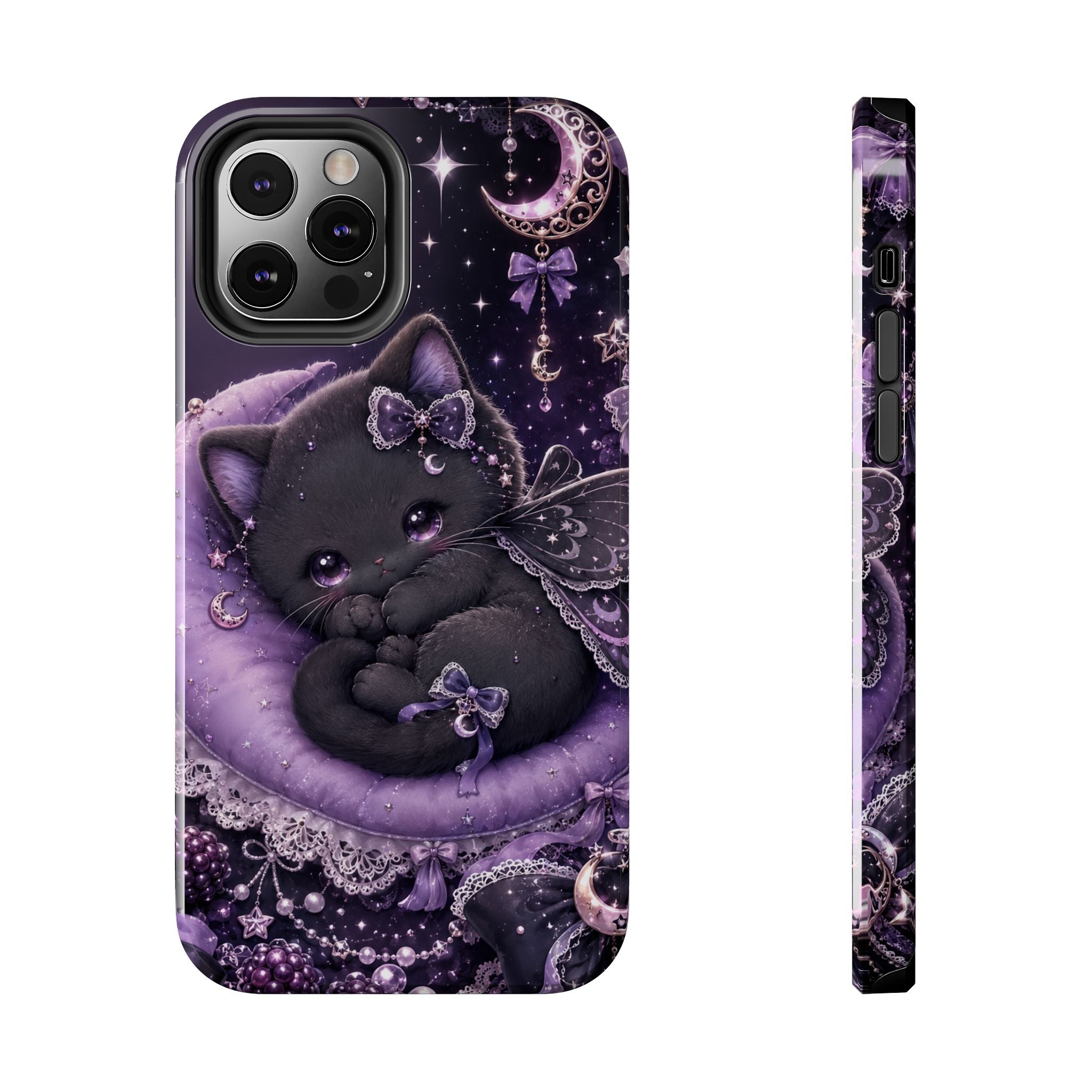 Cute Black Kitty Moon Tough Phone Case — Purple Fantasy Cat Protective Cover