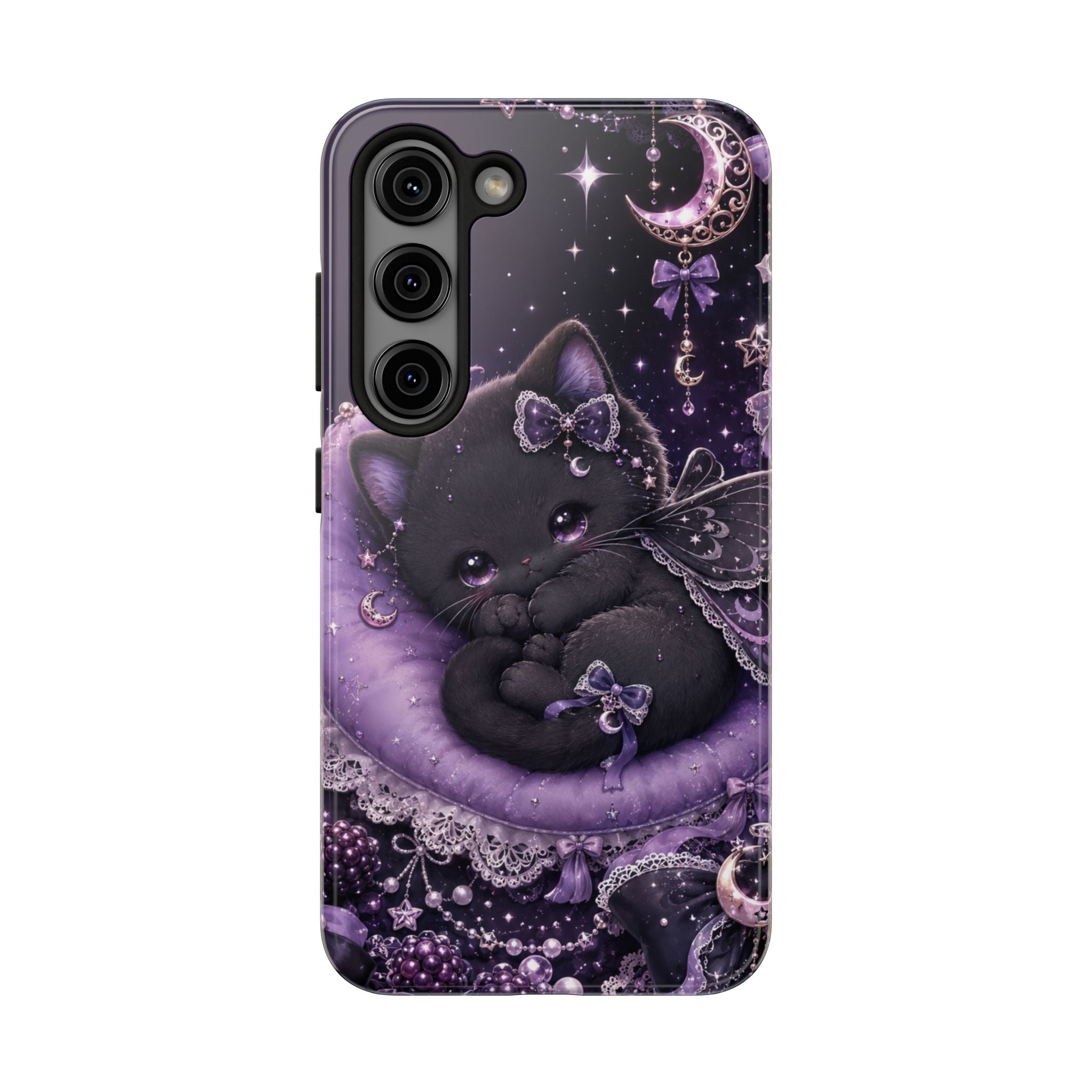 Cute Black Kitty Moon Tough Phone Case — Purple Fantasy Cat Protective Cover