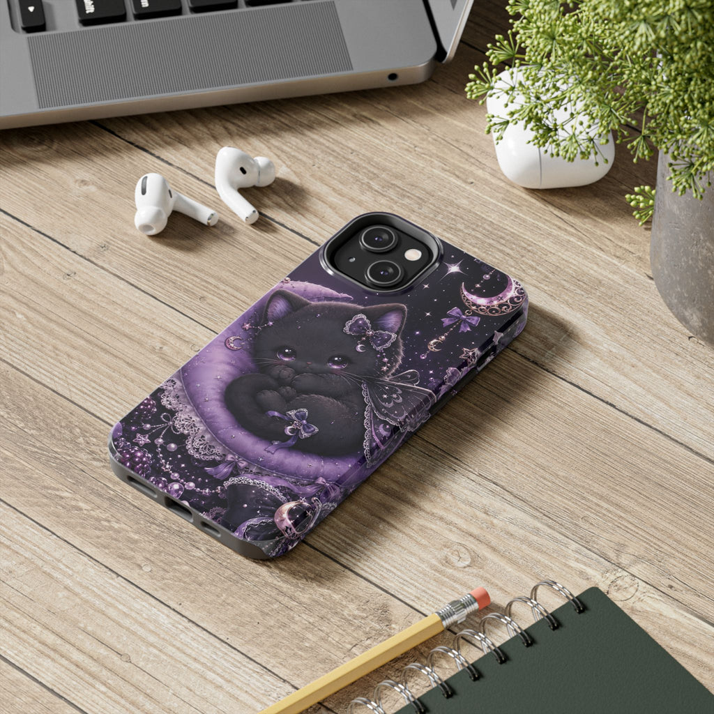 Cute Black Kitty Moon Tough Phone Case — Purple Fantasy Cat Protective Cover