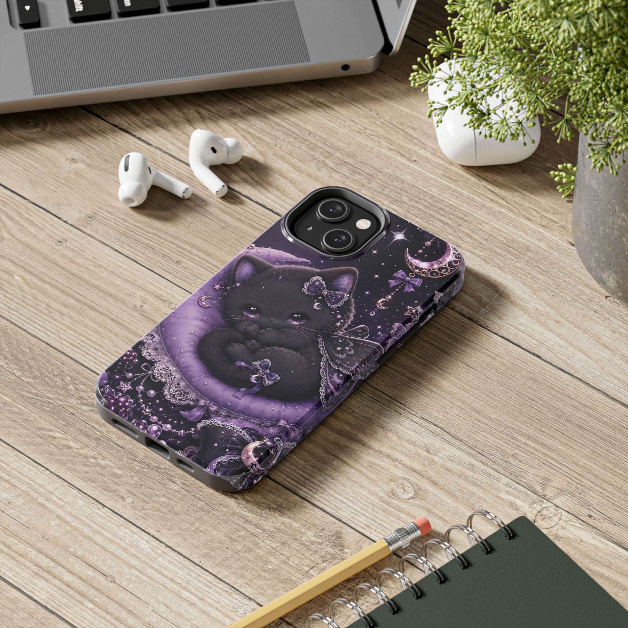 Cute Black Kitty Moon Tough Phone Case — Purple Fantasy Cat Protective Cover