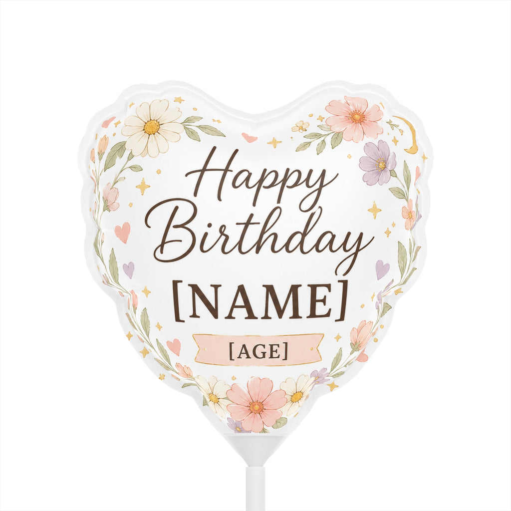 Custom Floral Happy Birthday Name Age Heart Balloon | 6"