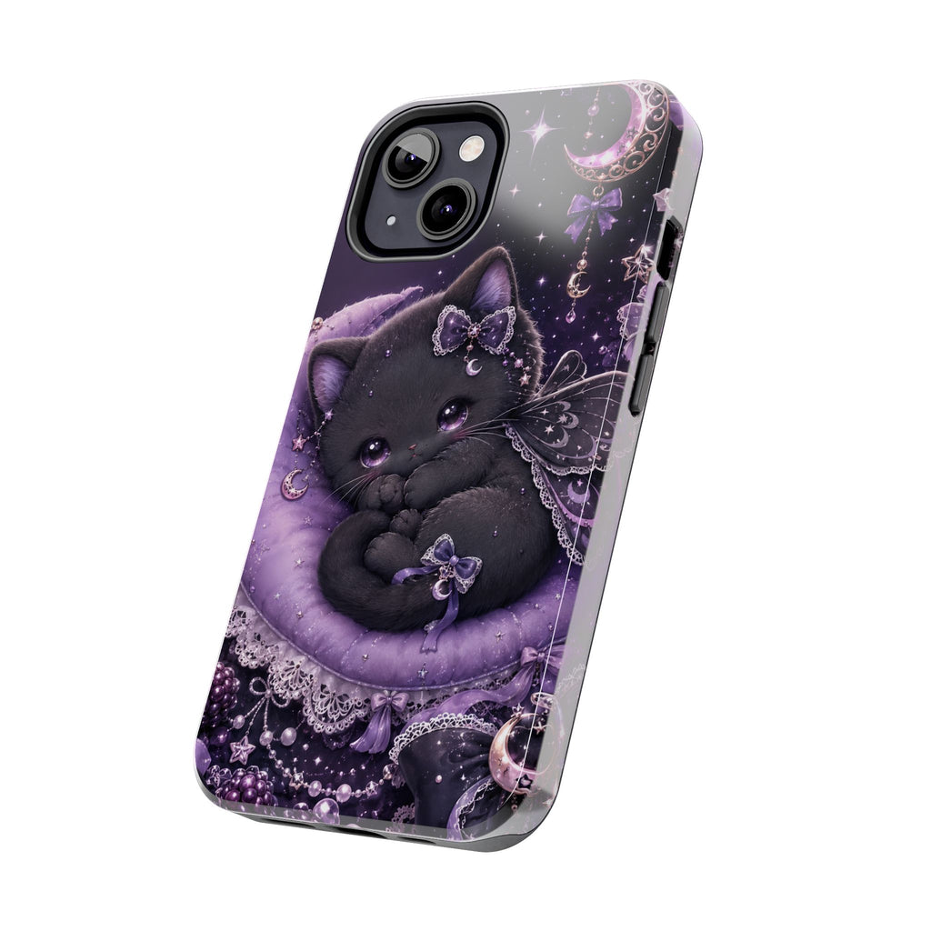 Cute Black Kitty Moon Tough Phone Case — Purple Fantasy Cat Protective Cover