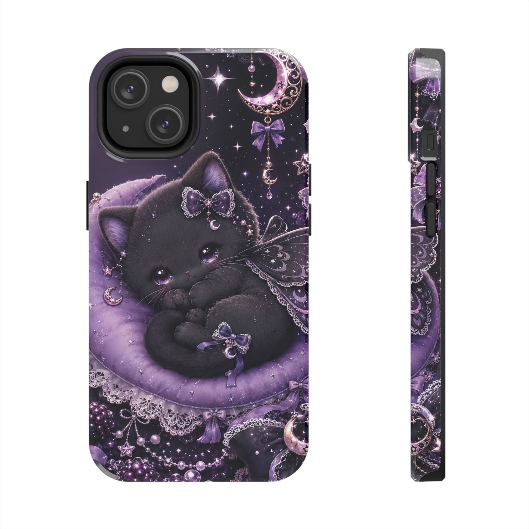Cute Black Kitty Moon Tough Phone Case — Purple Fantasy Cat Protective Cover