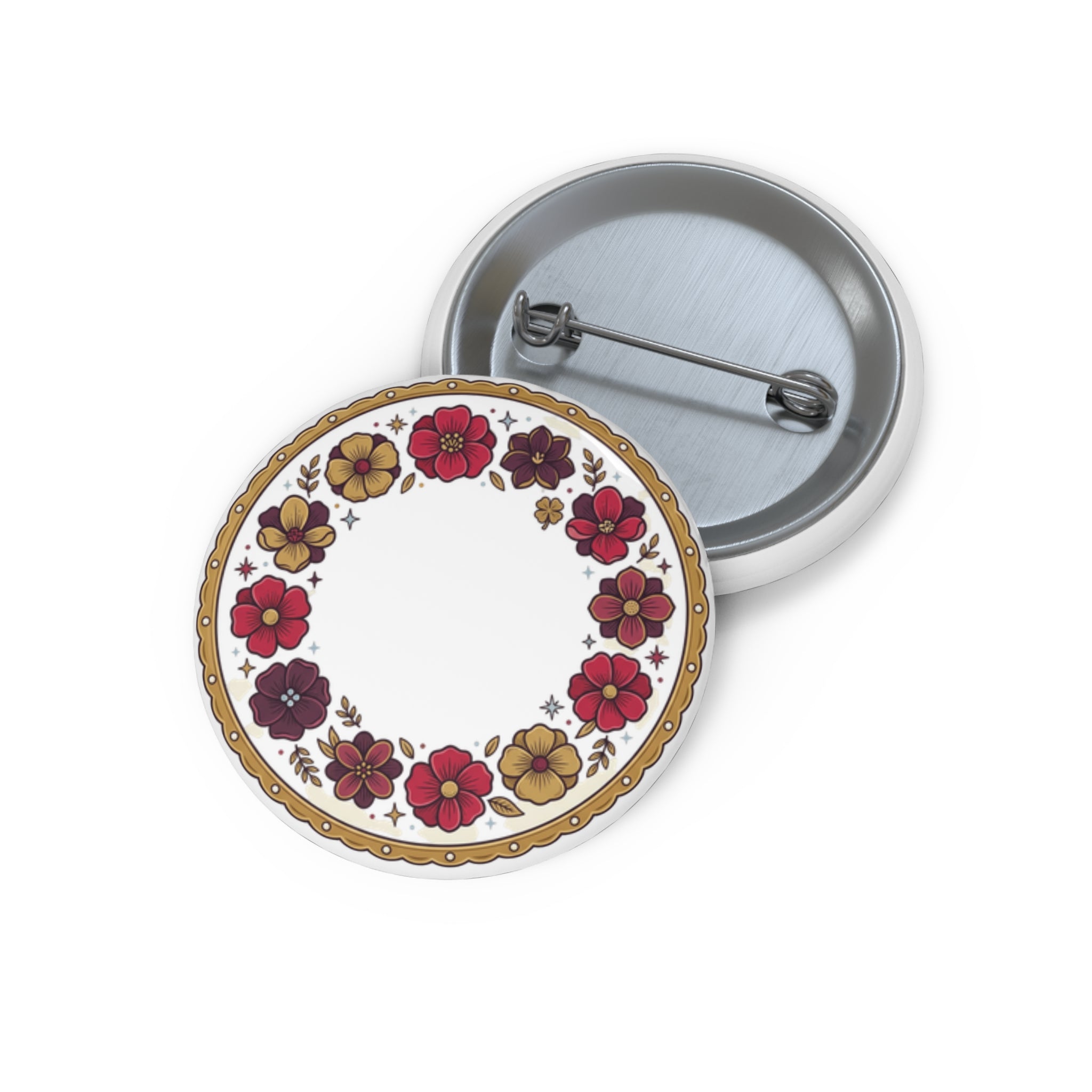 Floral Wreath Pin Button | Round Flower Badge, Red Burgundy Gold
