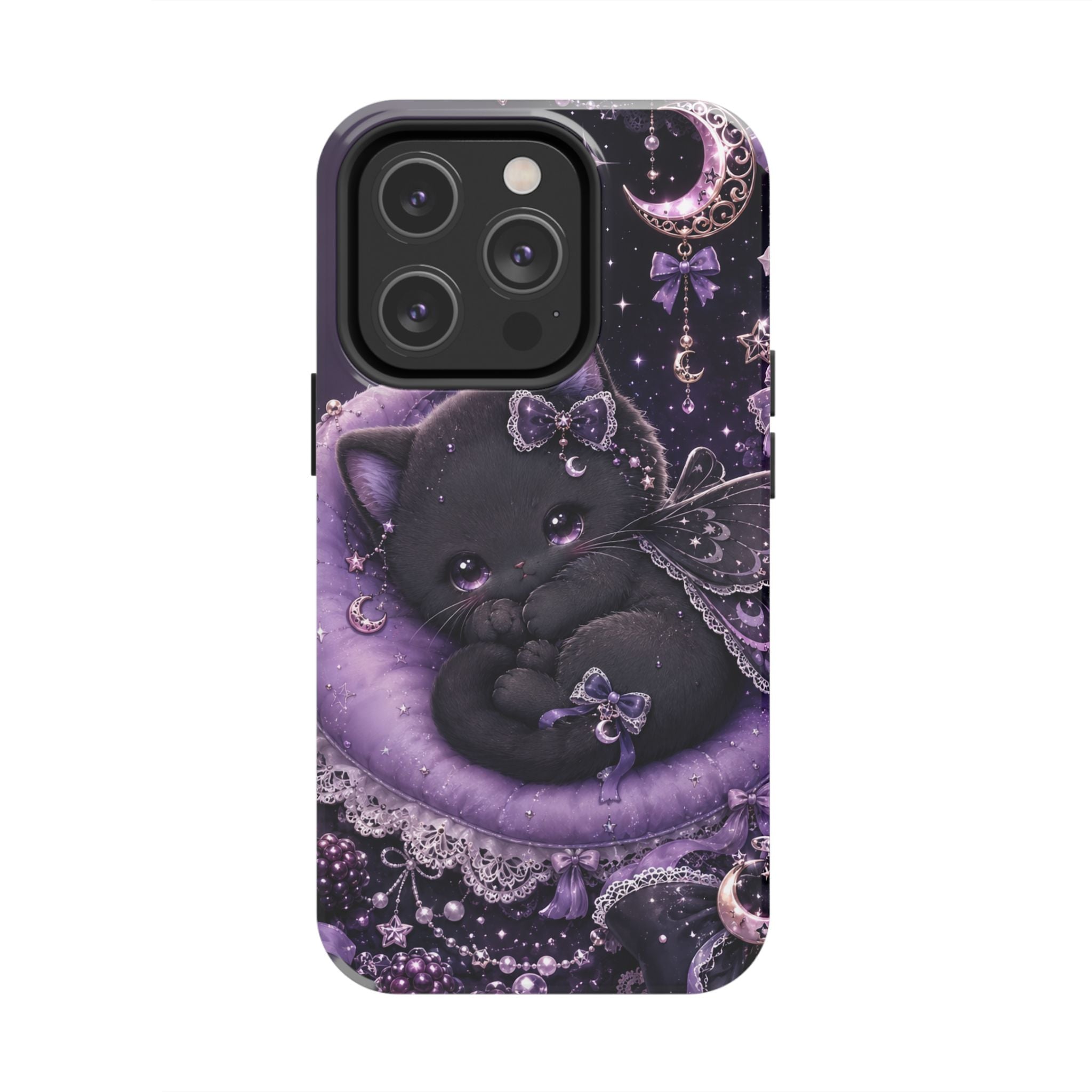 Cute Black Kitty Moon Tough Phone Case — Purple Fantasy Cat Protective Cover
