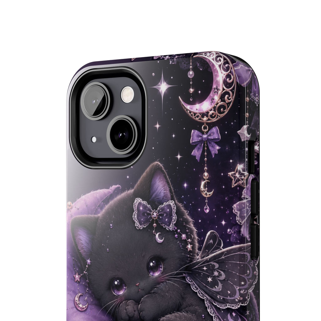 Cute Black Kitty Moon Tough Phone Case — Purple Fantasy Cat Protective Cover