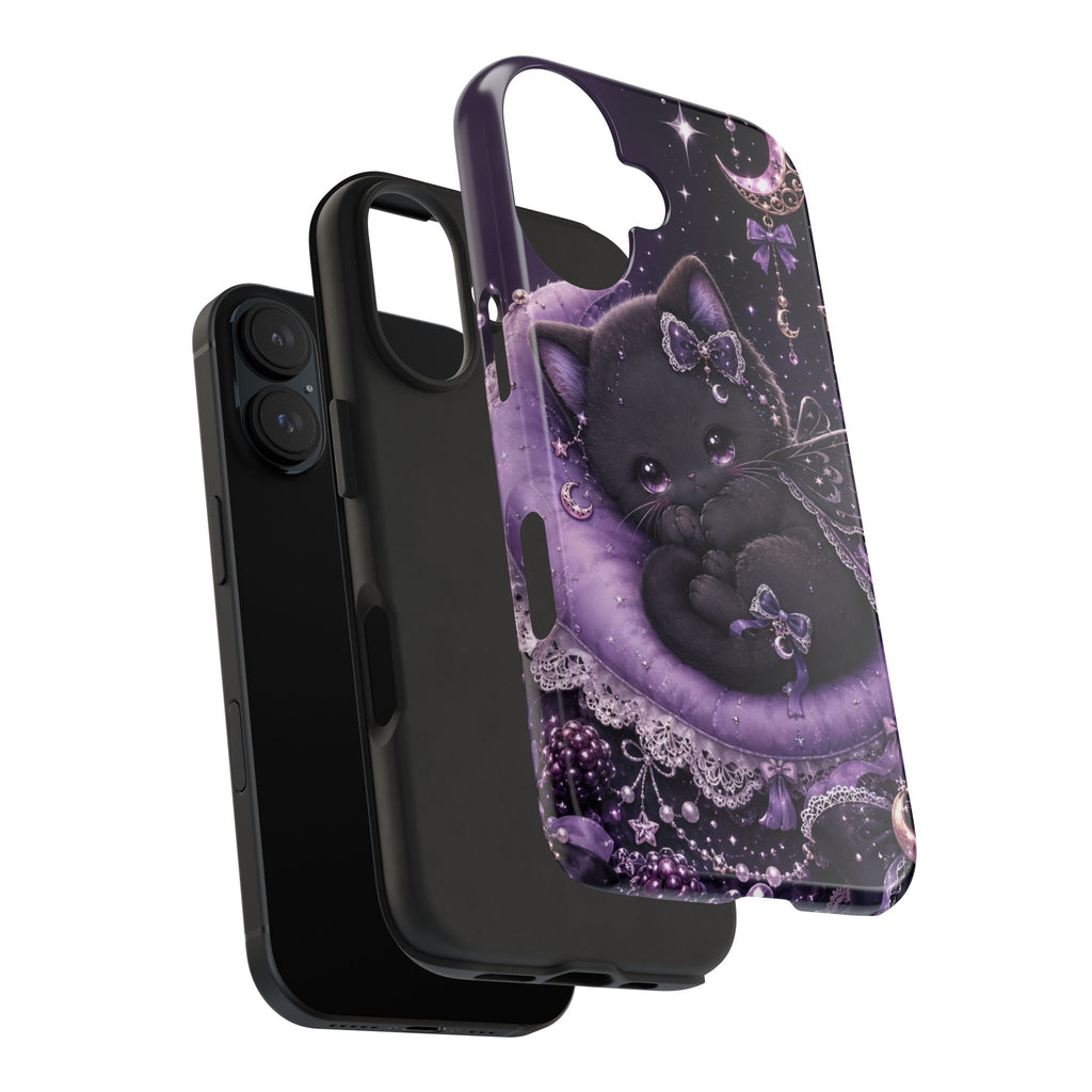 Cute Black Kitty Moon Tough Phone Case — Purple Fantasy Cat Protective Cover