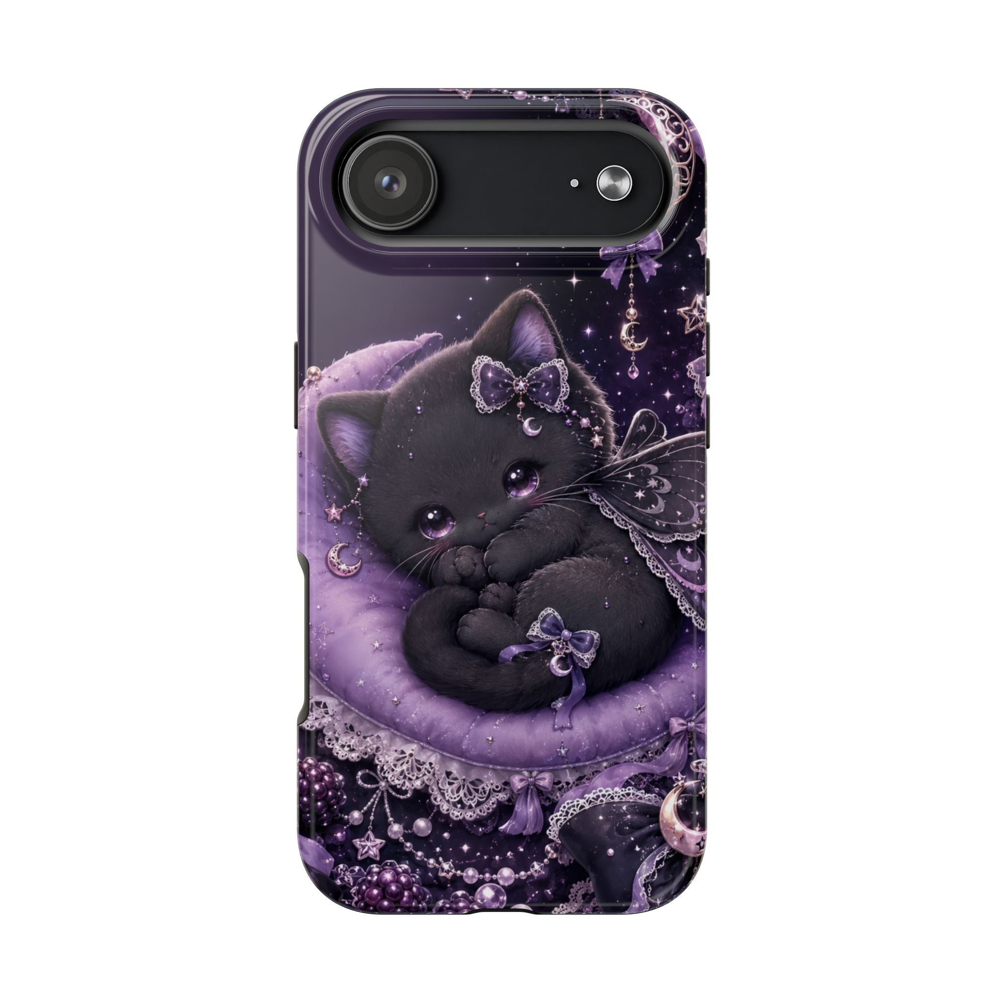 Cute Black Kitty Moon Tough Phone Case — Purple Fantasy Cat Protective Cover