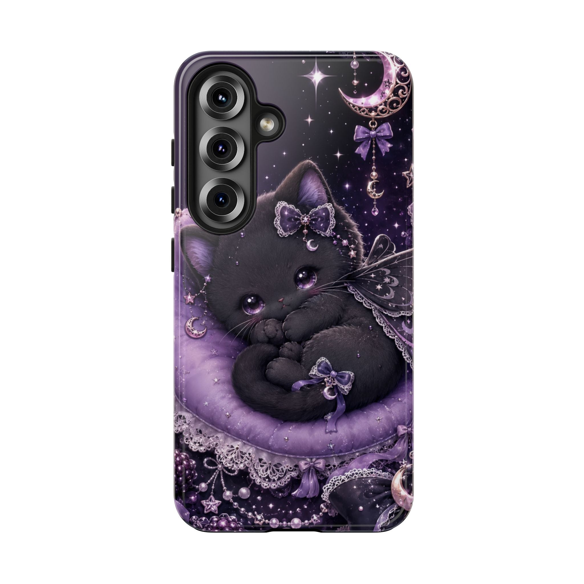 Cute Black Kitty Moon Tough Phone Case — Purple Fantasy Cat Protective Cover
