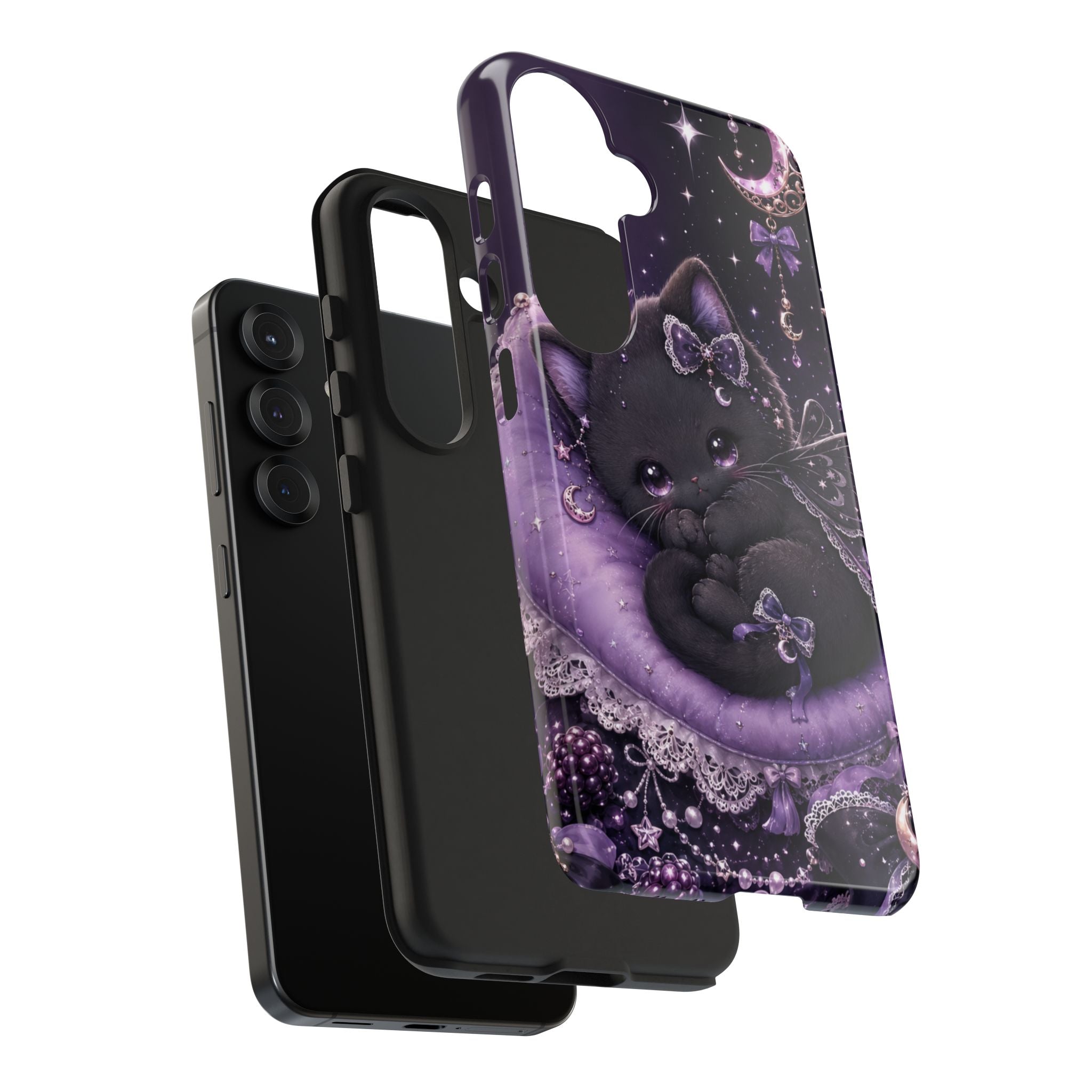 Cute Black Kitty Moon Tough Phone Case — Purple Fantasy Cat Protective Cover