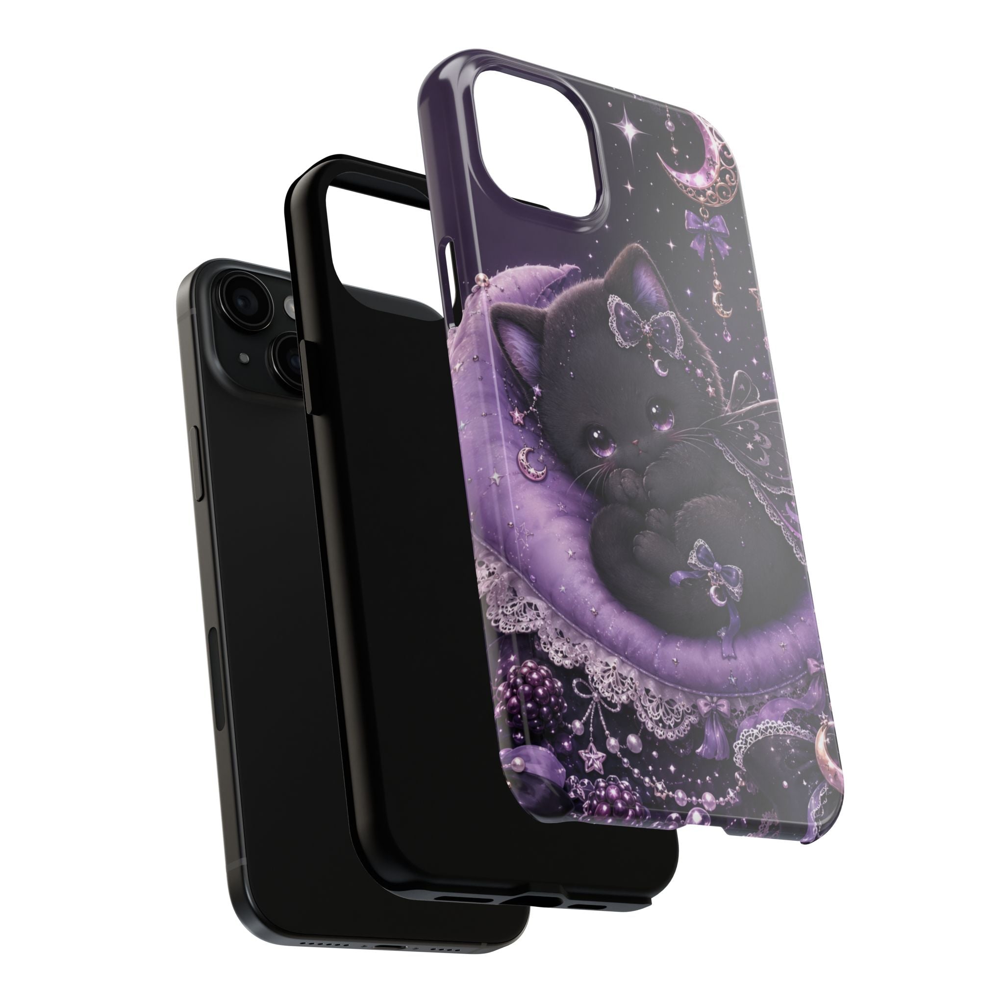 Cute Black Kitty Moon Tough Phone Case — Purple Fantasy Cat Protective Cover