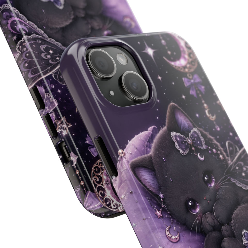 Cute Black Kitty Moon Tough Phone Case — Purple Fantasy Cat Protective Cover