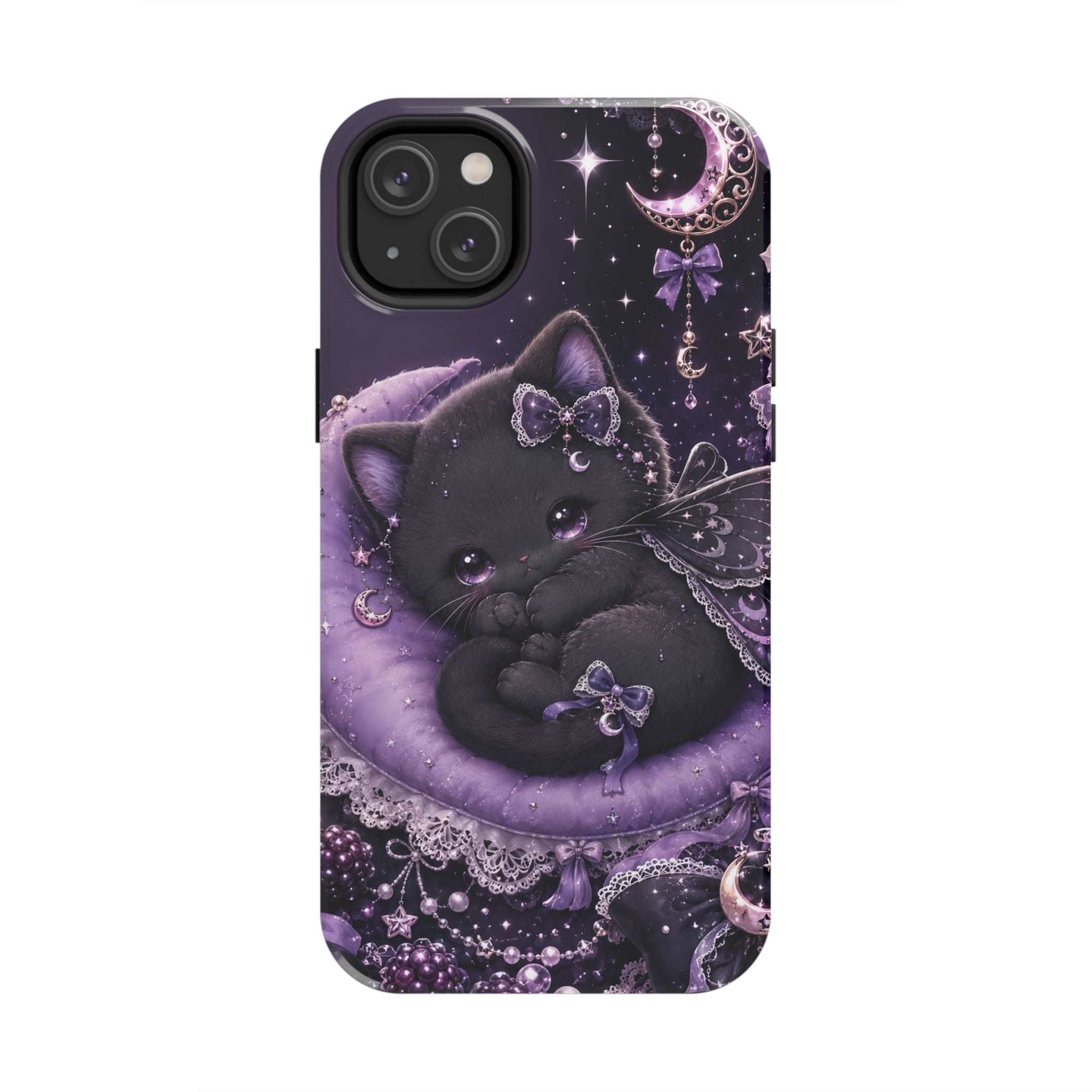 Cute Black Kitty Moon Tough Phone Case — Purple Fantasy Cat Protective Cover