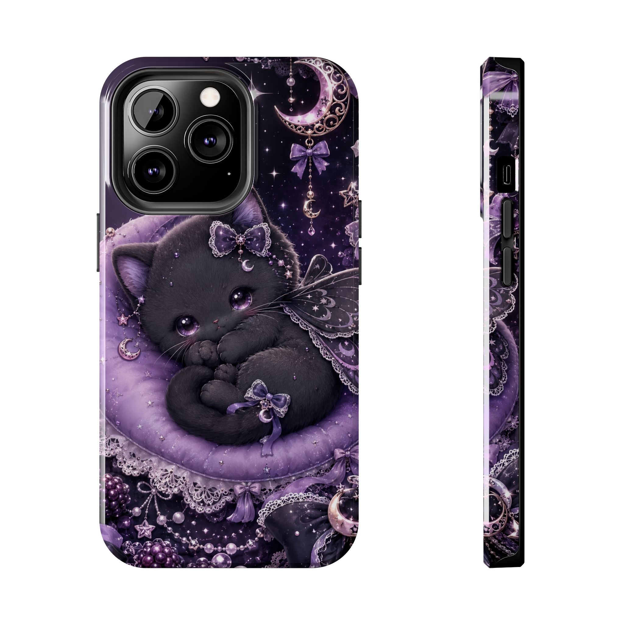 Cute Black Kitty Moon Tough Phone Case — Purple Fantasy Cat Protective Cover