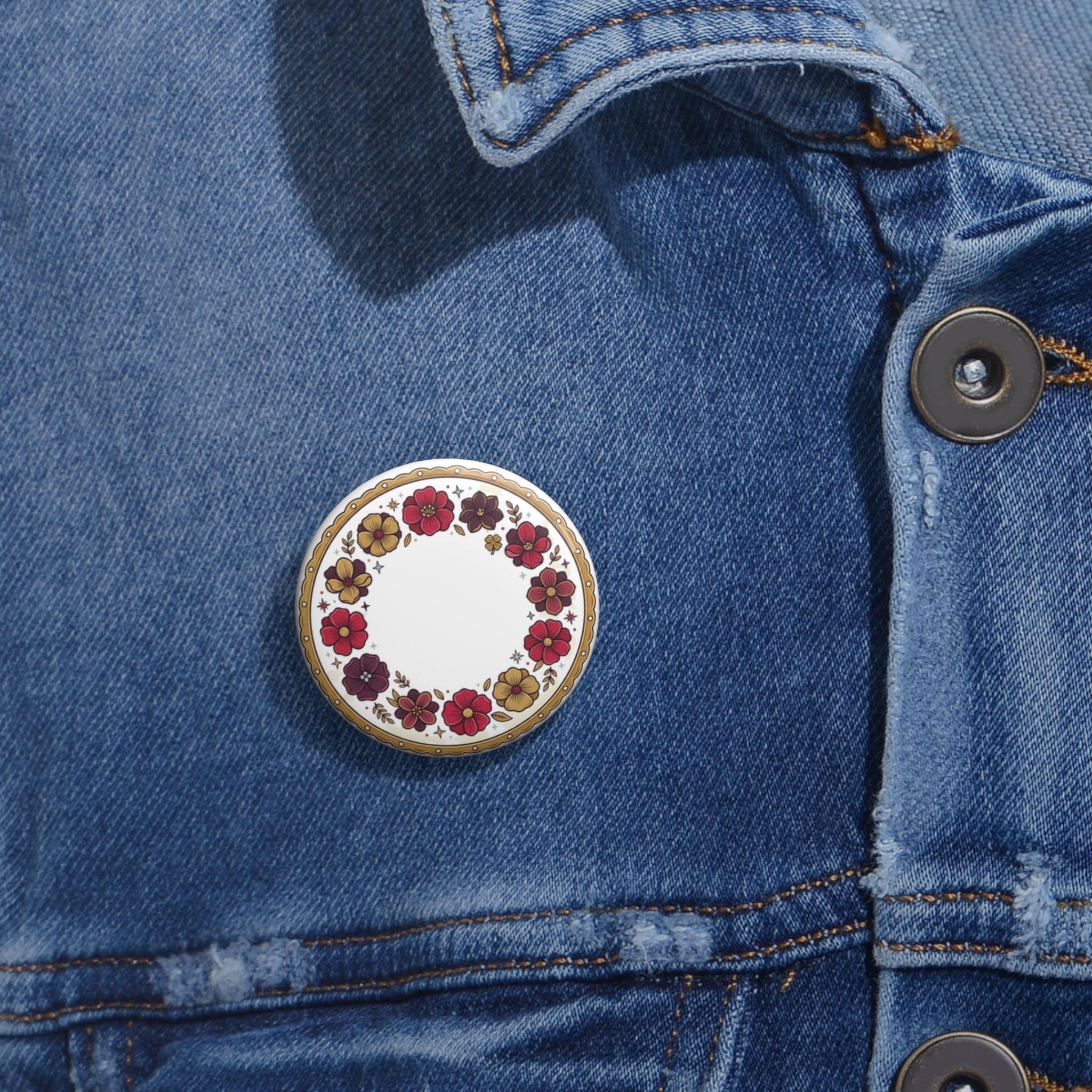 Floral Wreath Pin Button | Round Flower Badge, Red Burgundy Gold